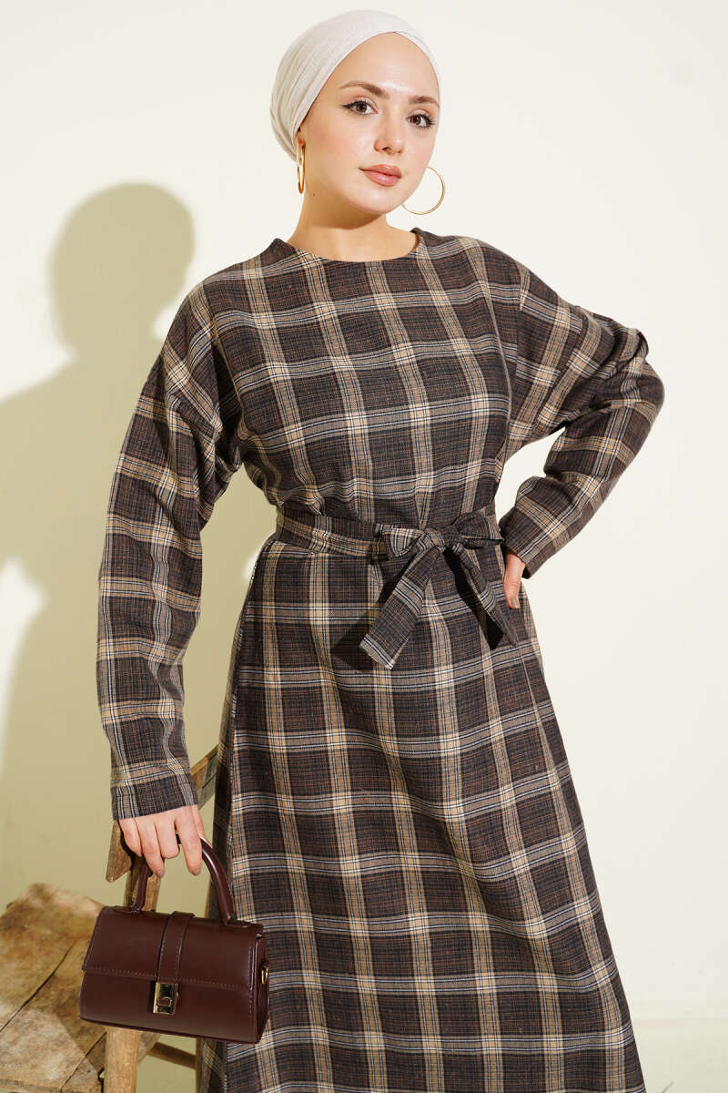 Belted Plaid Flared Dress - Brown