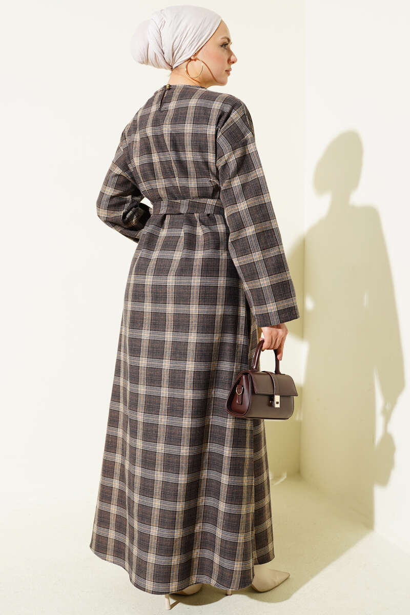 Belted Plaid Flared Dress - Brown