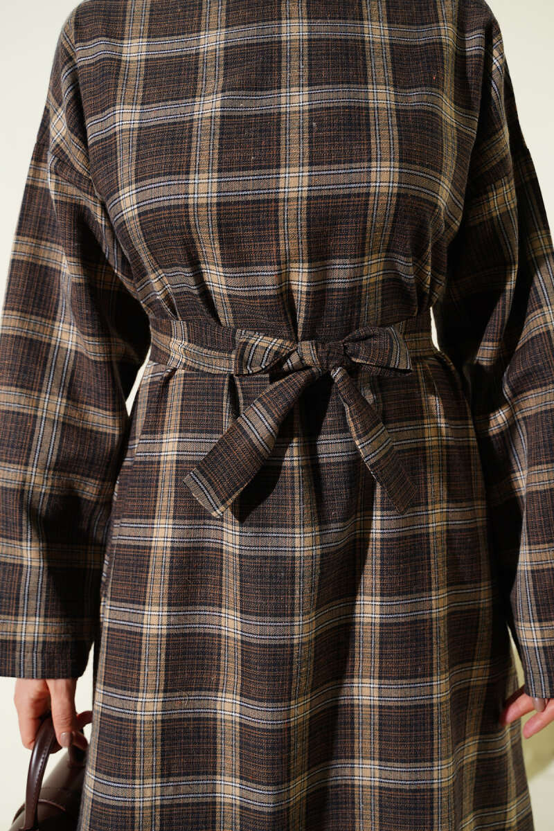 Belted Plaid Flared Dress - Brown