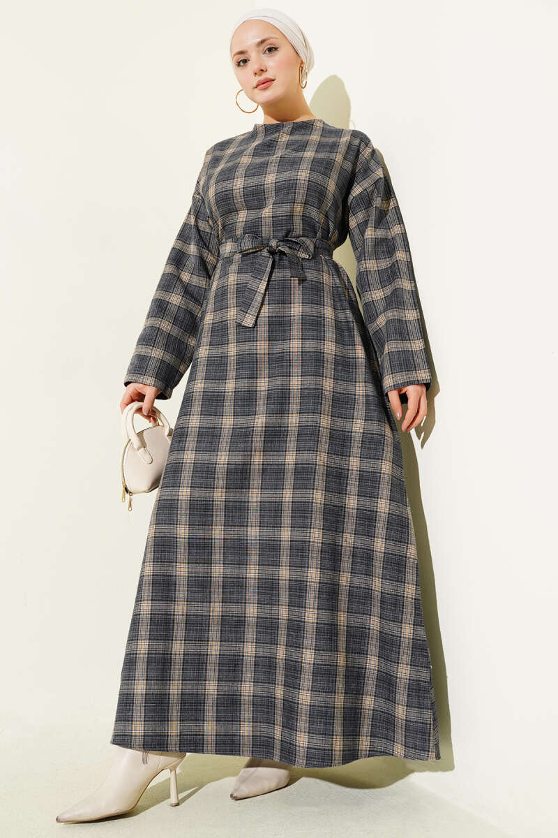 Belted Plaid Flared Dress - Navy