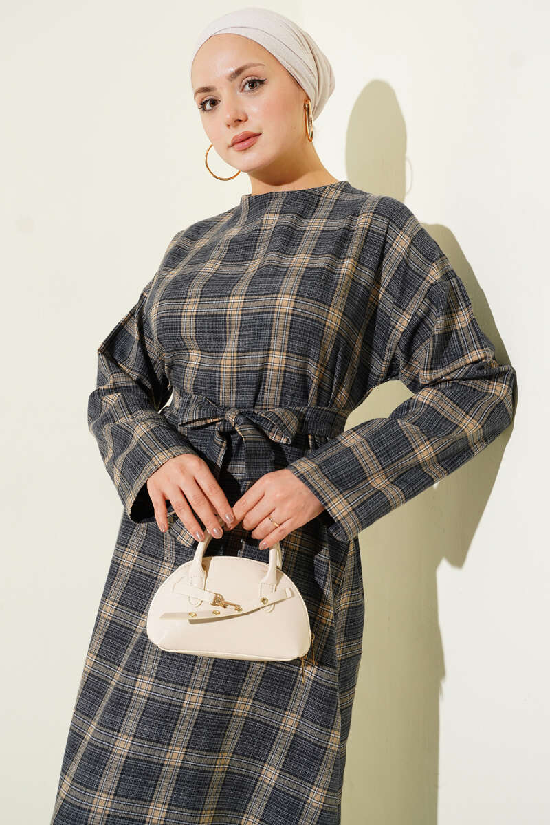 Belted Plaid Flared Dress - Navy