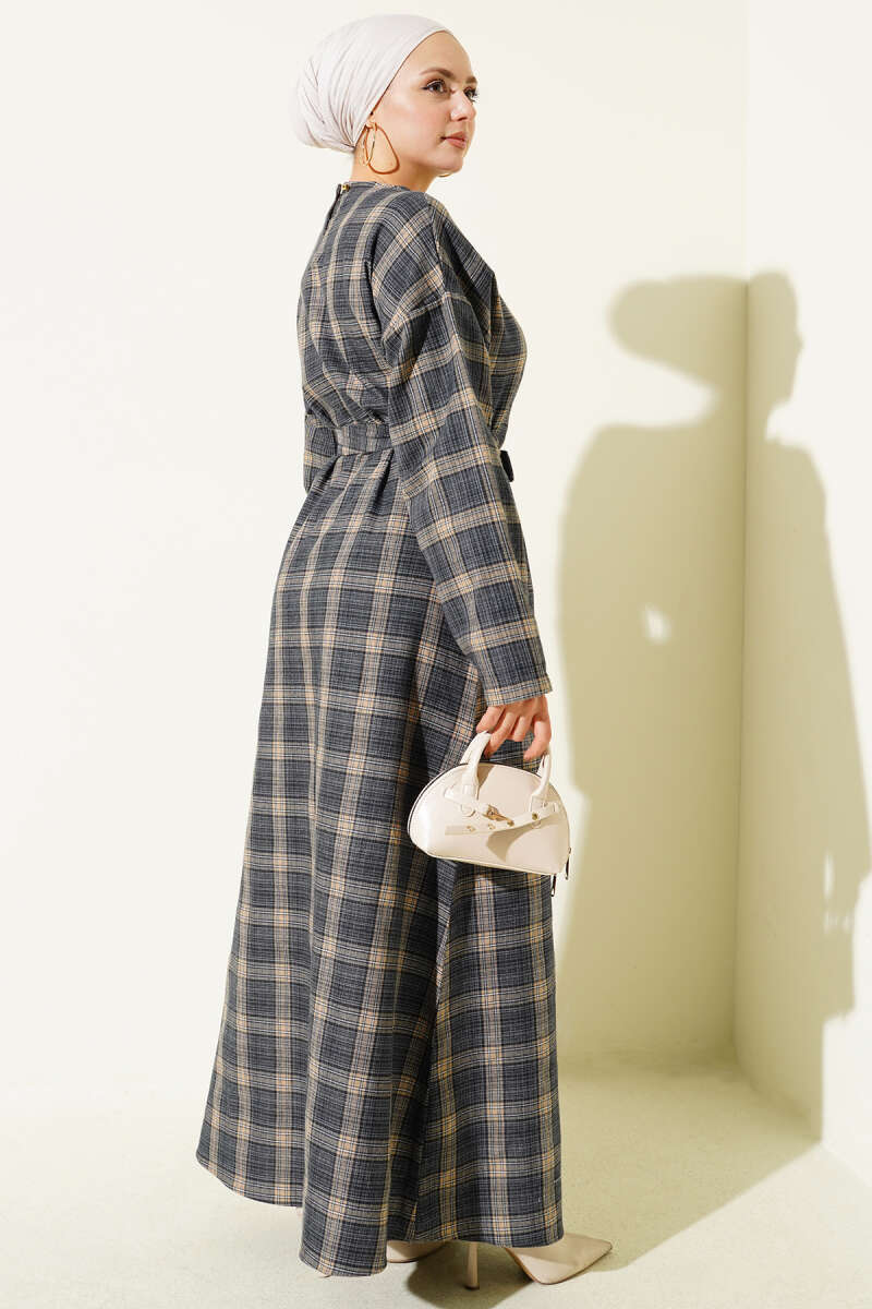 Belted Plaid Flared Dress - Navy