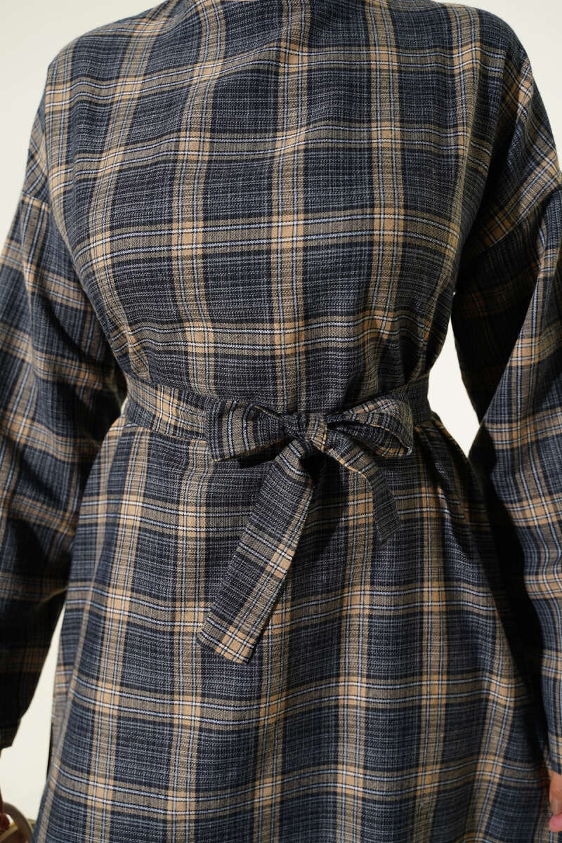 Belted Plaid Flared Dress - Navy