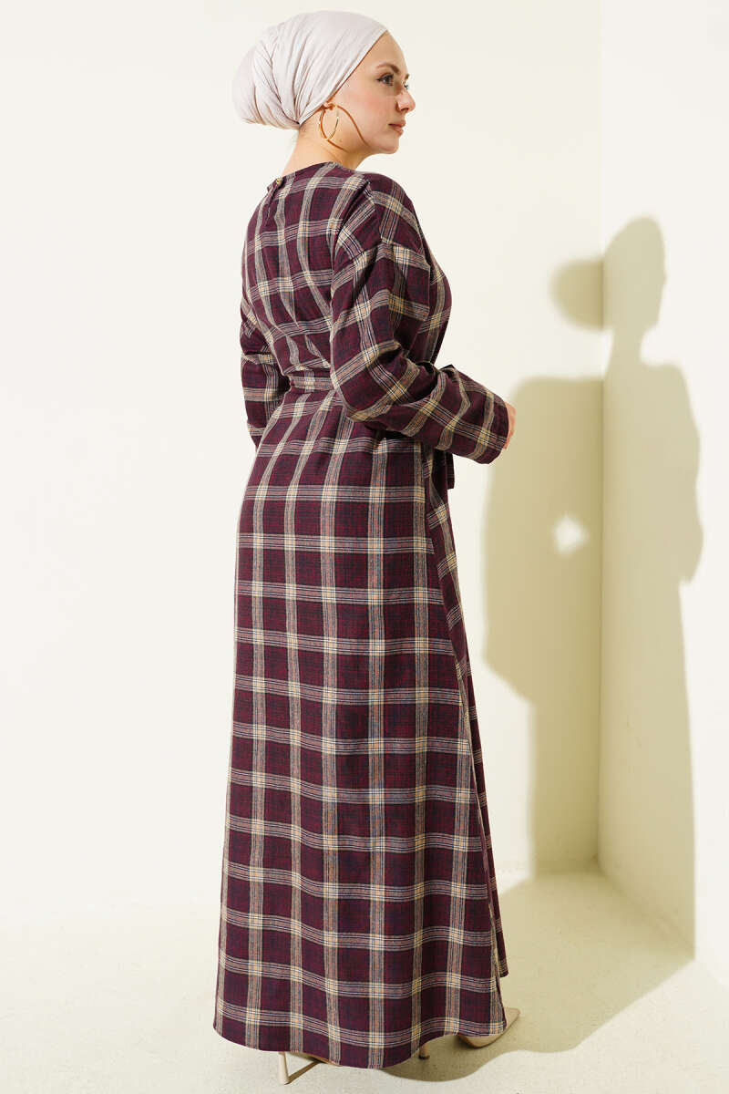 Belted Plaid Flared Dress - Plum