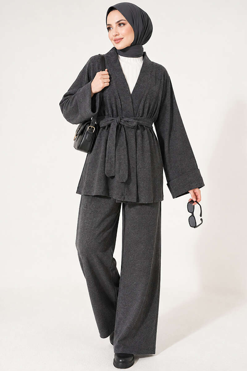 Belted Wide-Sleeve Two-Piece Set - Charcoal