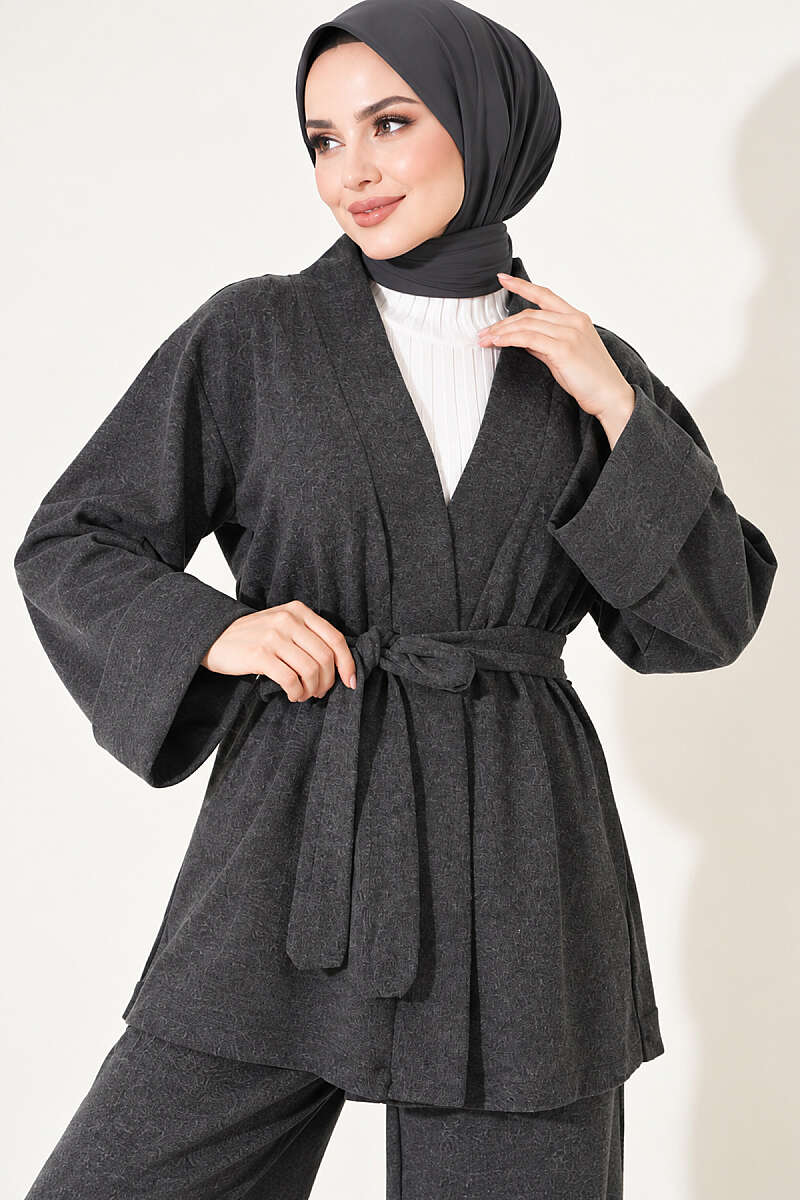 Belted Wide-Sleeve Two-Piece Set - Charcoal