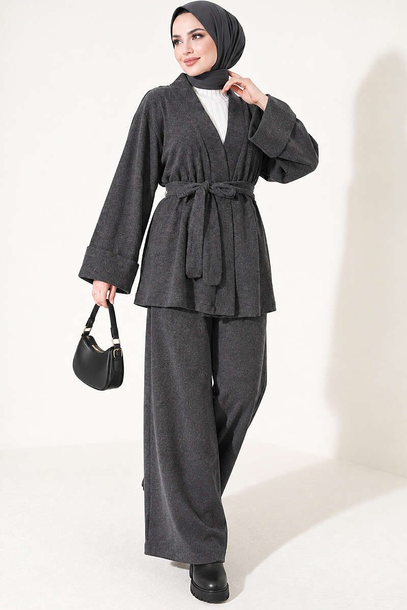 Belted Wide-Sleeve Two-Piece Set - Charcoal