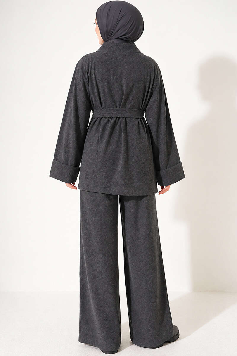 Belted Wide-Sleeve Two-Piece Set - Charcoal