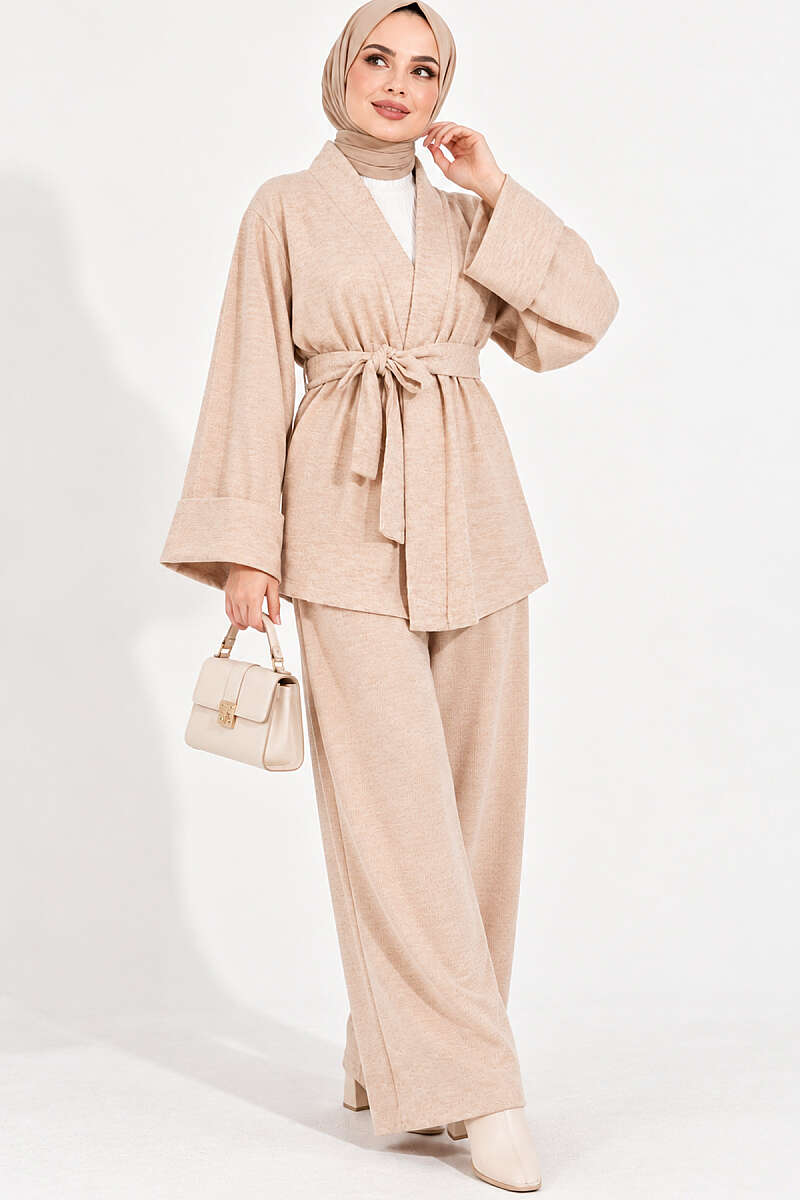 Belted Wide-Sleeve Two-Piece Set - Beige