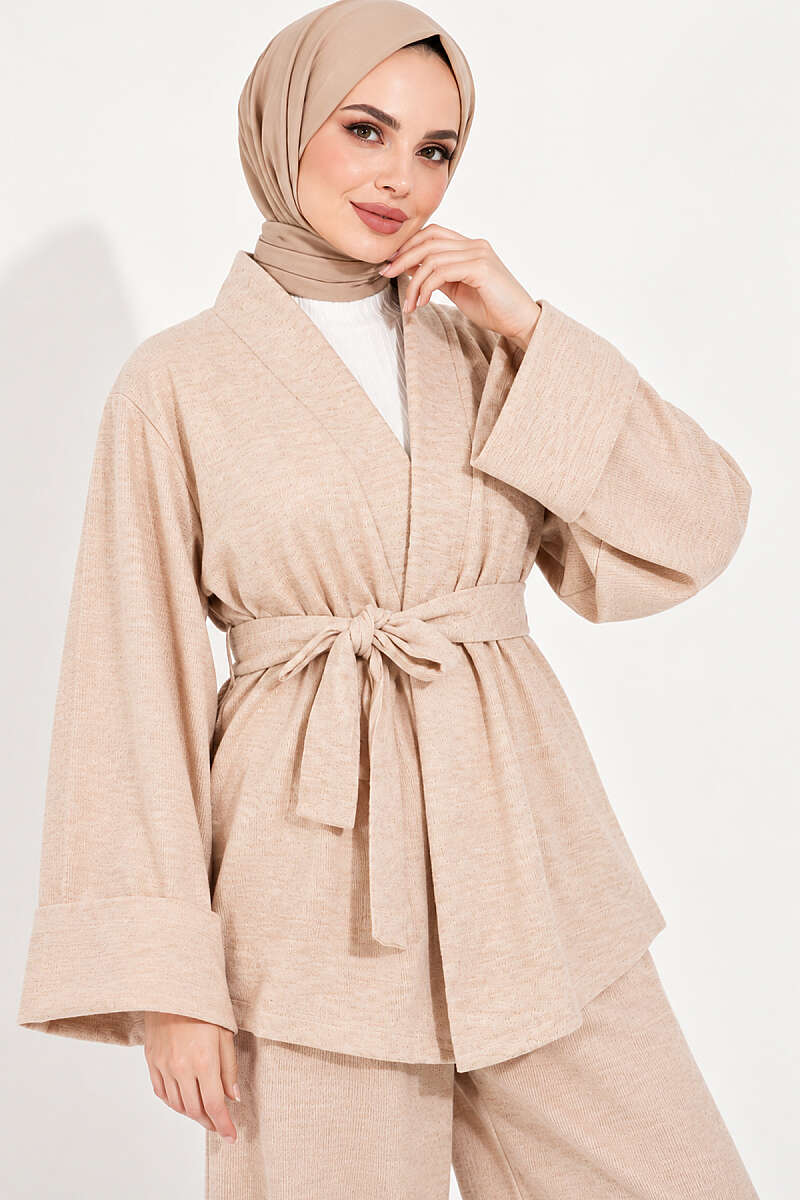 Belted Wide-Sleeve Two-Piece Set - Beige