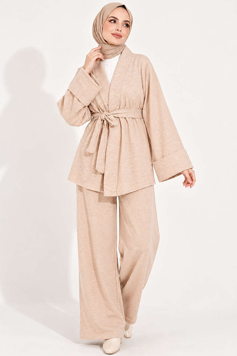 Belted Wide-Sleeve Two-Piece Set - Beige