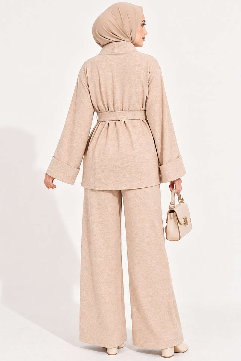 Belted Wide-Sleeve Two-Piece Set - Beige
