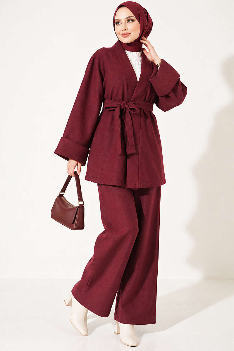 Belted Wide-Sleeve Two-Piece Set - Burgundy