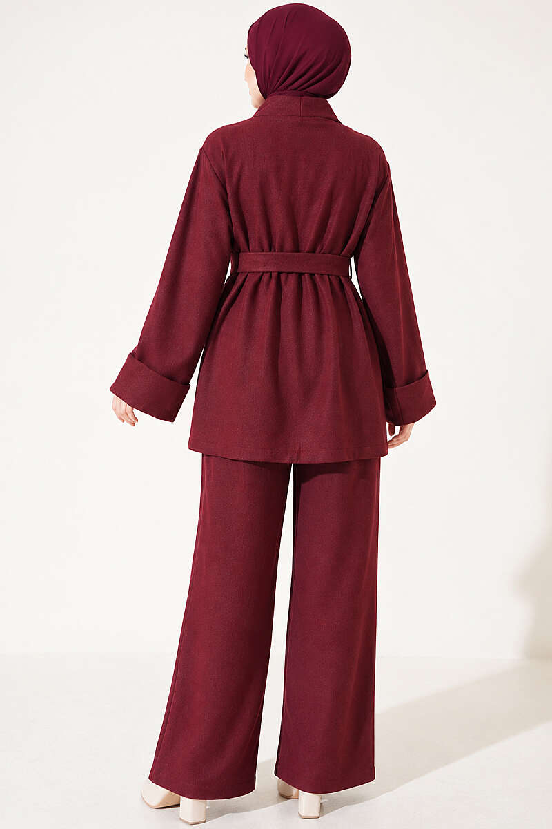 Belted Wide-Sleeve Two-Piece Set - Burgundy
