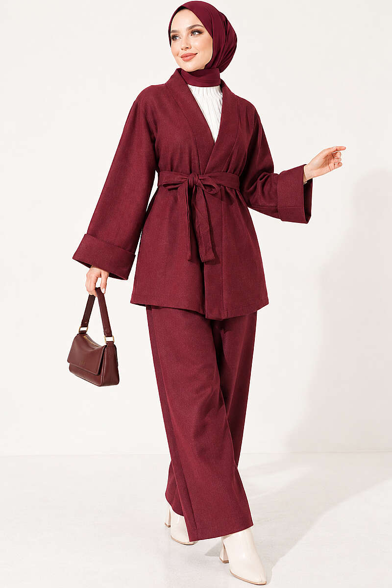 Belted Wide-Sleeve Two-Piece Set - Burgundy
