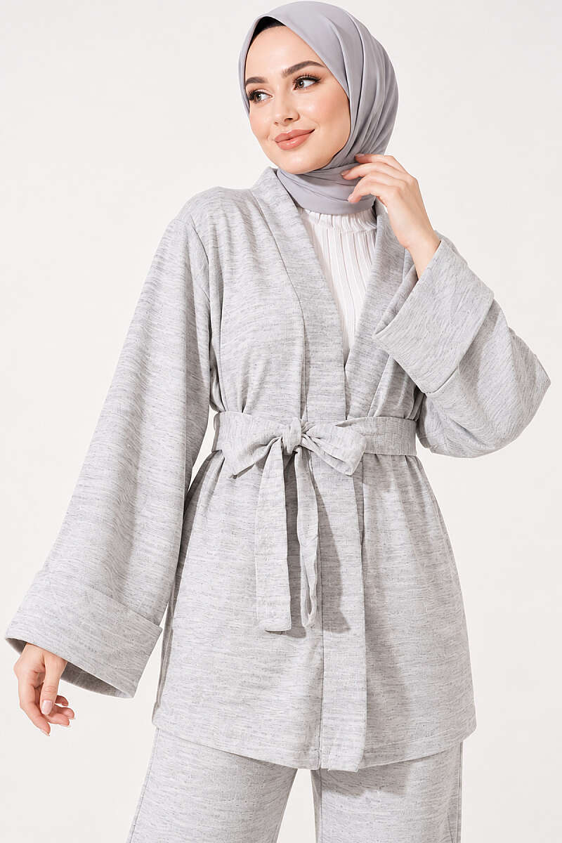 Belted Wide-Sleeve Two-Piece Set - Grey