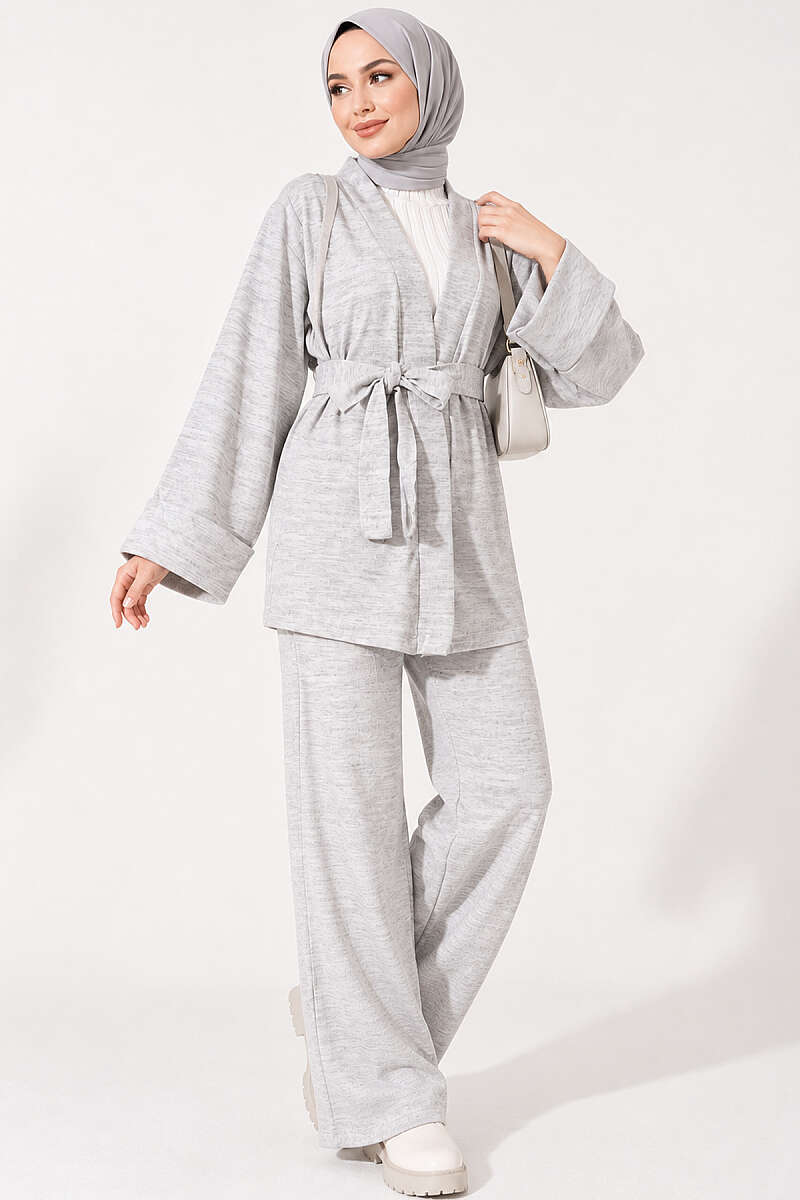 Belted Wide-Sleeve Two-Piece Set - Grey