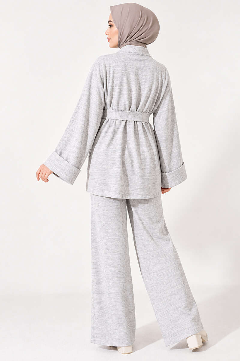Belted Wide-Sleeve Two-Piece Set - Grey