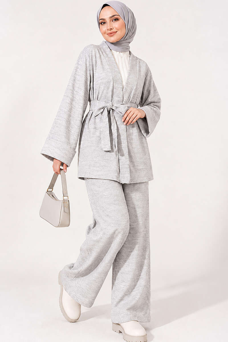 Belted Wide-Sleeve Two-Piece Set - Grey
