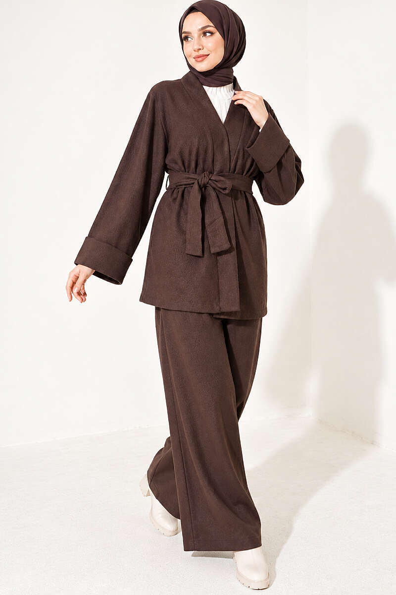 Belted Wide-Sleeve Two-Piece Set - Brown