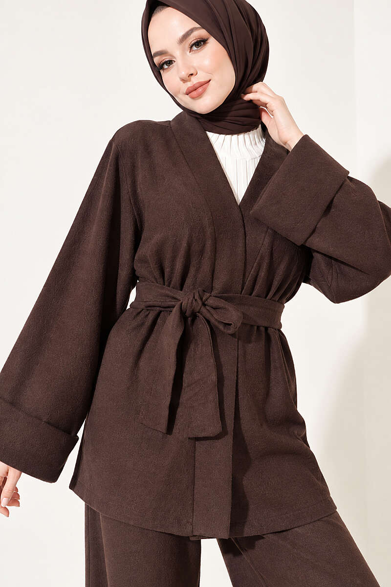 Belted Wide-Sleeve Two-Piece Set - Brown