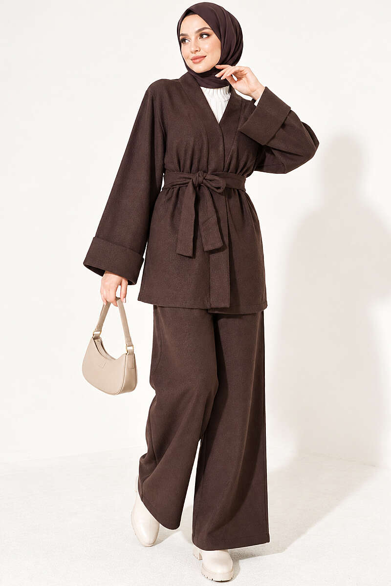Belted Wide-Sleeve Two-Piece Set - Brown