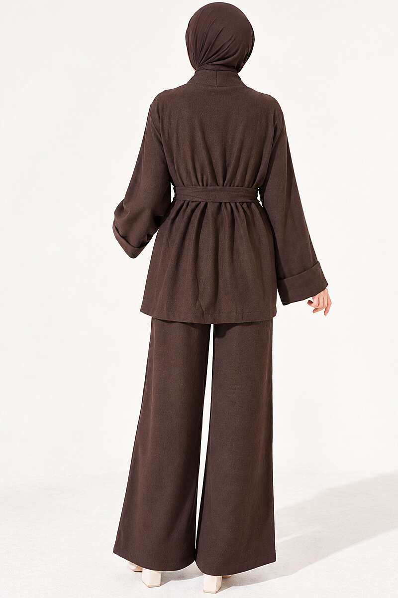 Belted Wide-Sleeve Two-Piece Set - Brown