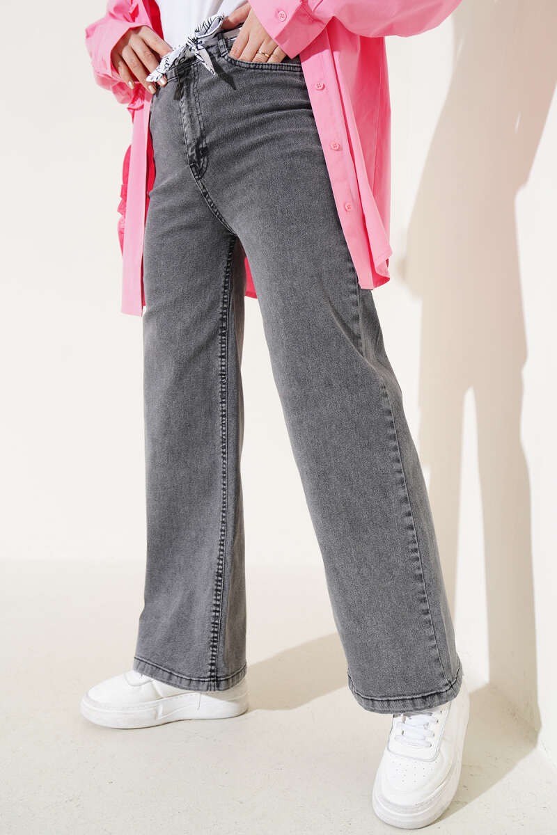 Belted Wide-Leg Jeans with Tie - Smoke Grey