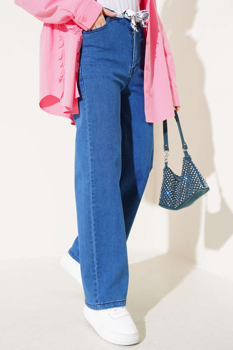Belted Wide-Leg Jeans with Tie - Blue