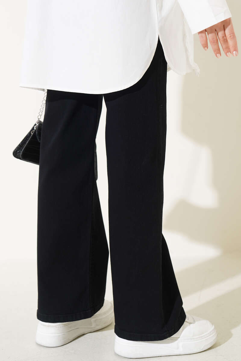 Belted Wide-Leg Jeans with Tie - Black
