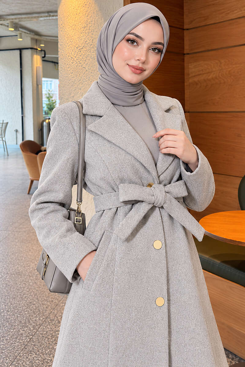Belted Felt Coat with Gold Buttons - Grey