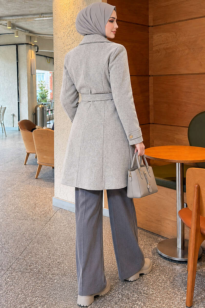 Belted Felt Coat with Gold Buttons - Grey
