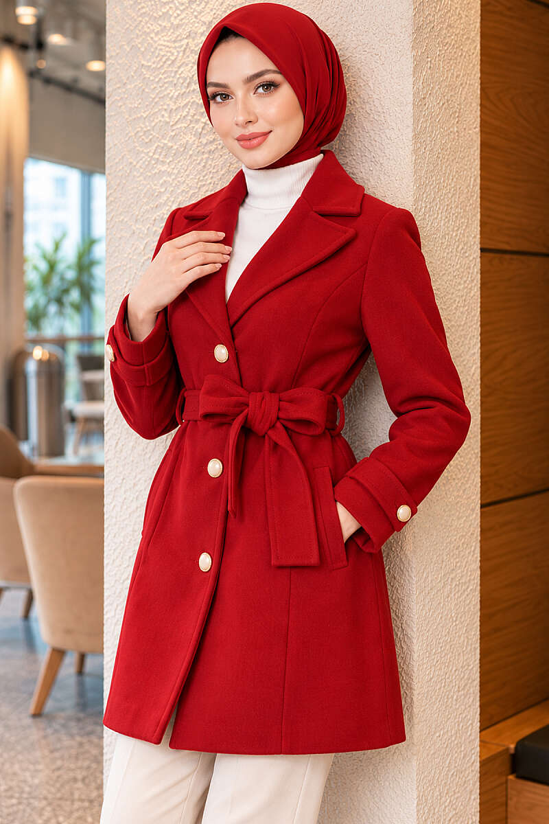 Belted Felt Coat with Gold Buttons - Red
