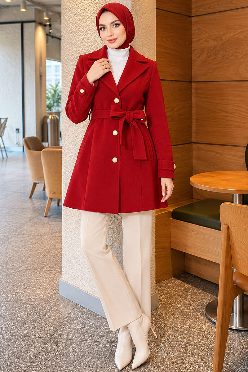 Belted Felt Coat with Gold Buttons - Red
