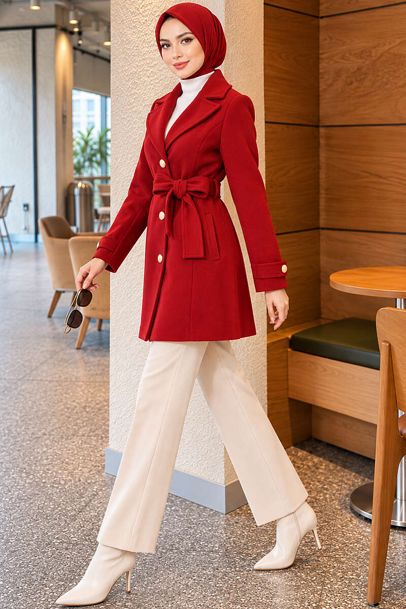Belted Felt Coat with Gold Buttons - Red