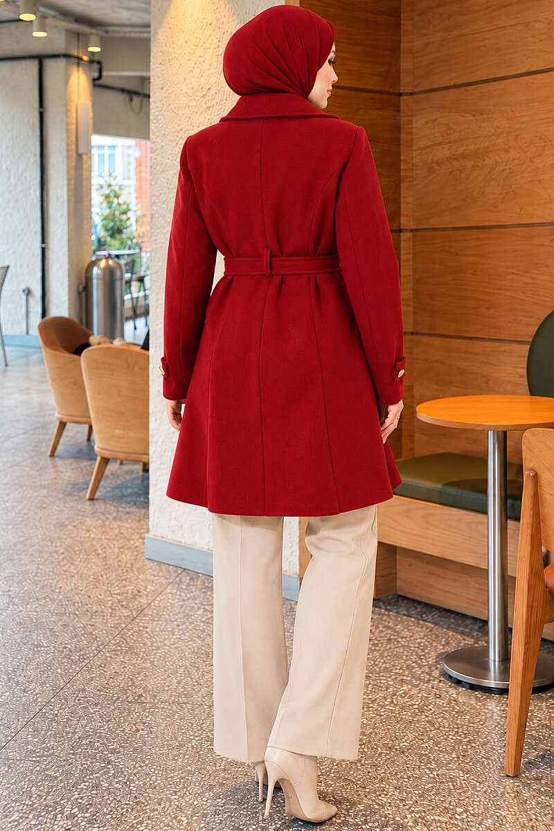 Belted Felt Coat with Gold Buttons - Red