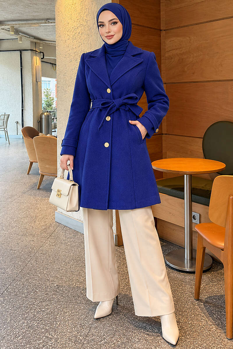 Belted Felt Coat with Gold Buttons - Saxe Blue