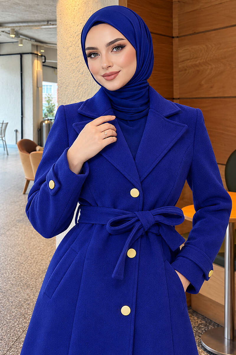 Belted Felt Coat with Gold Buttons - Saxe Blue