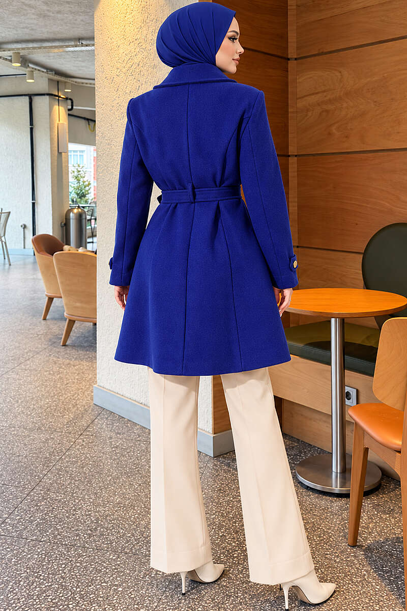Belted Felt Coat with Gold Buttons - Saxe Blue