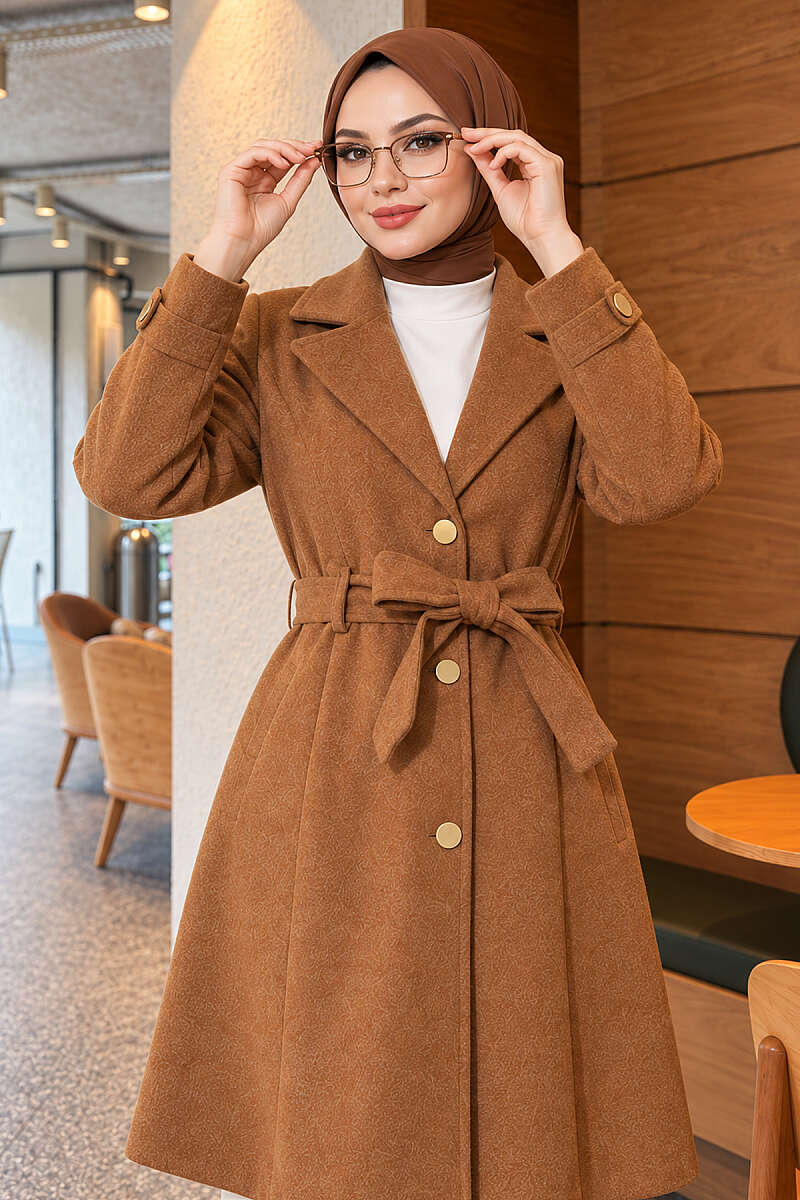 Belted Felt Coat with Gold Buttons - Tan