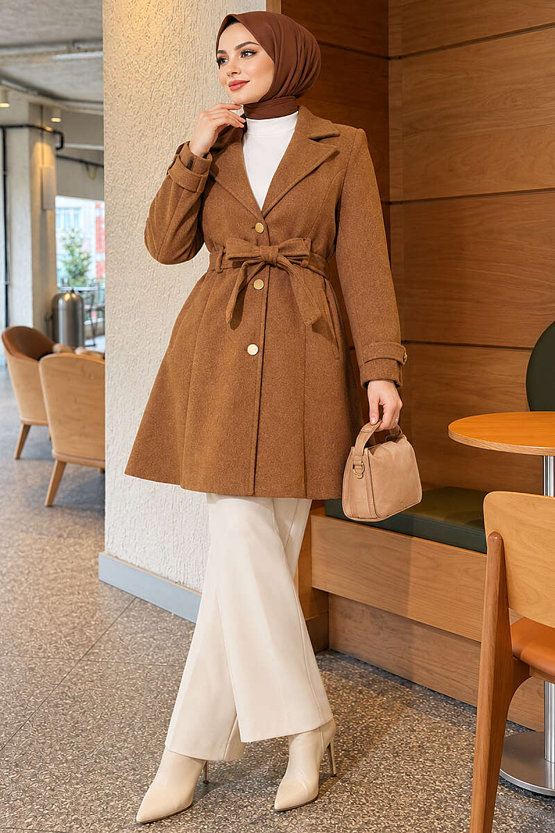 Belted Felt Coat with Gold Buttons - Tan