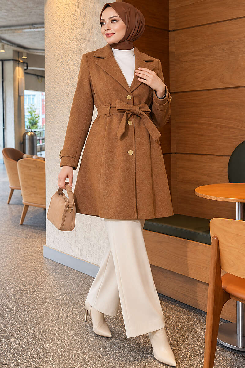 Belted Felt Coat with Gold Buttons - Tan