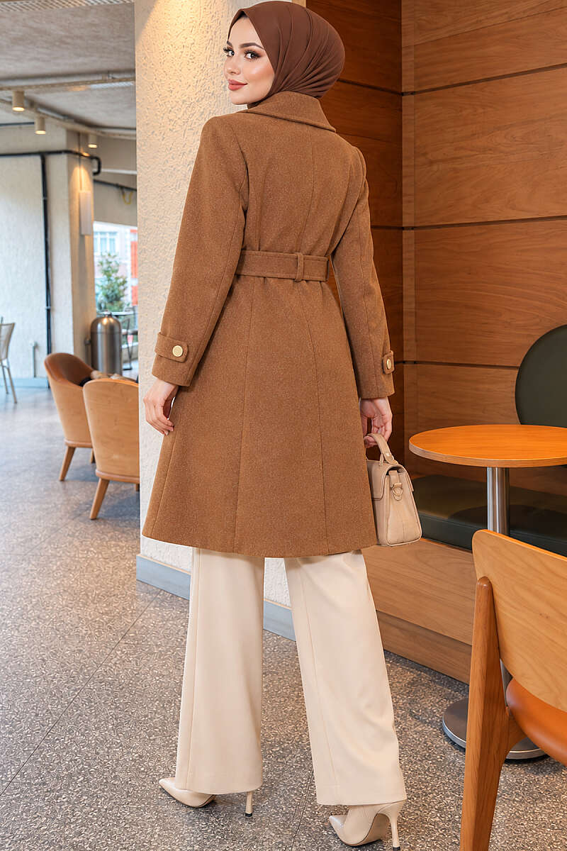 Belted Felt Coat with Gold Buttons - Tan