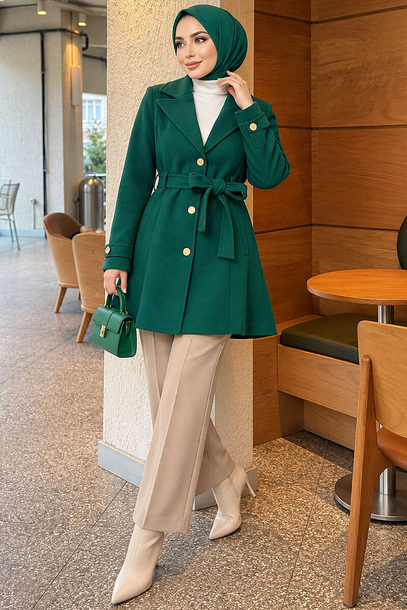 Belted Felt Coat with Gold Buttons - Emerald
