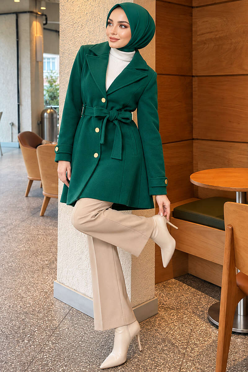 Belted Felt Coat with Gold Buttons - Emerald