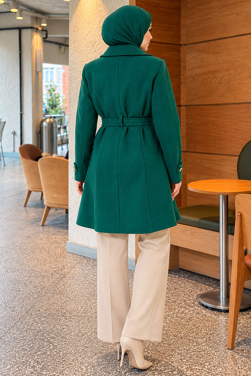 Belted Felt Coat with Gold Buttons - Emerald