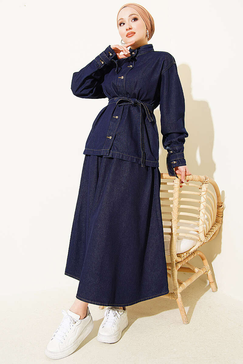 Belted Denim Skirt Set with Gold Buttons - Navy