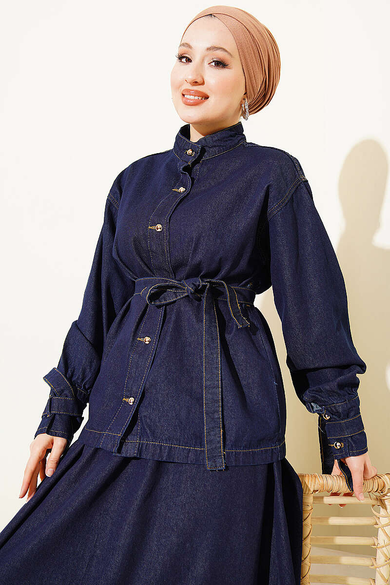 Belted Denim Skirt Set with Gold Buttons - Navy