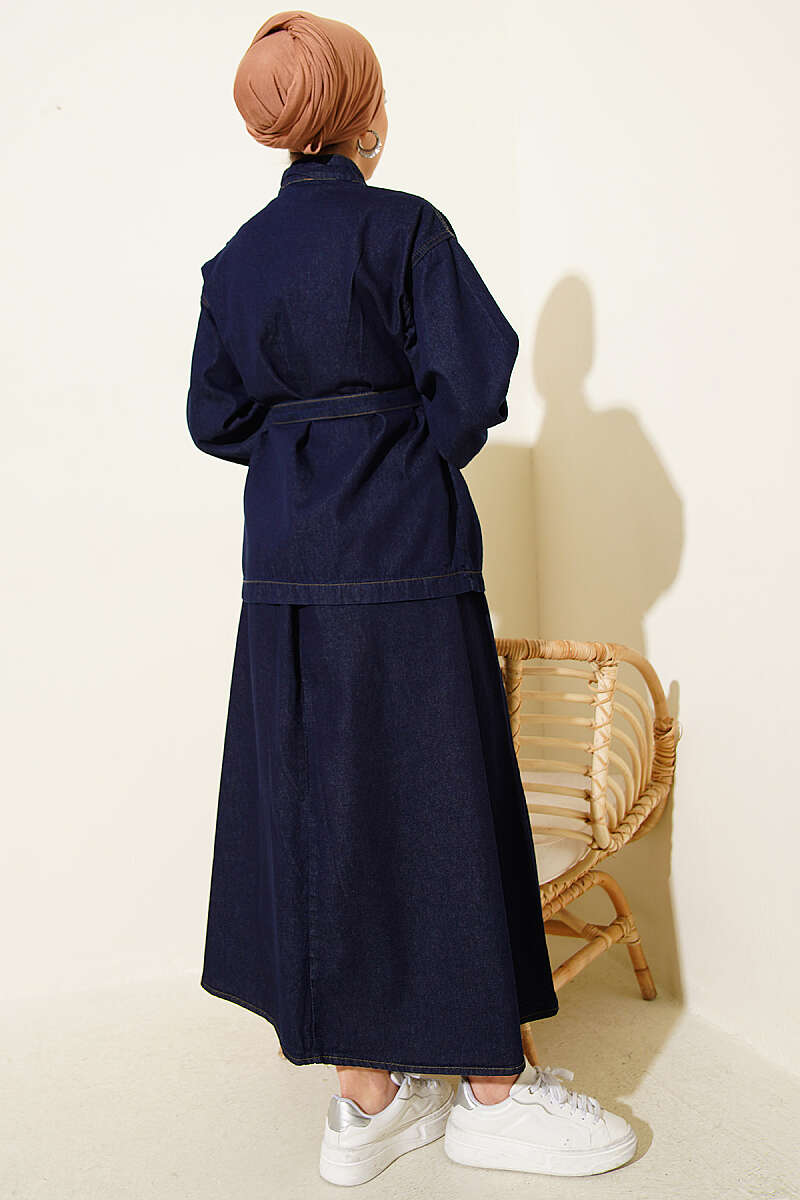 Belted Denim Skirt Set with Gold Buttons - Navy