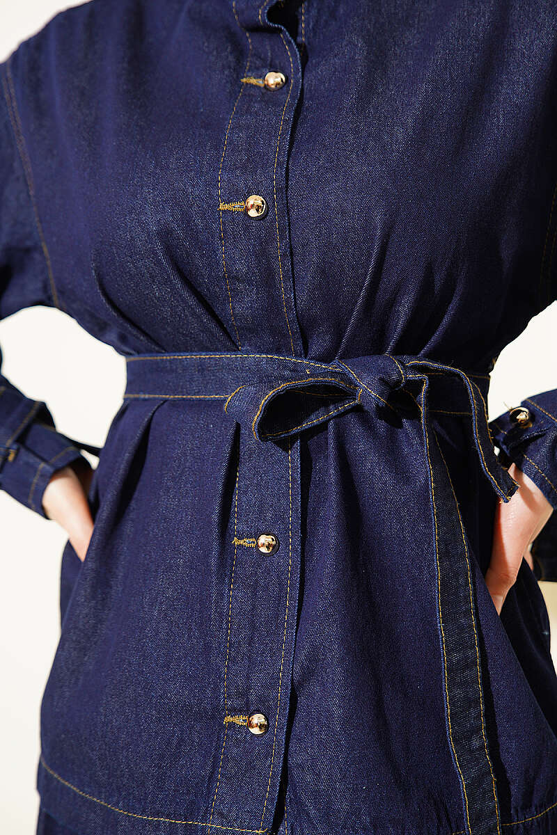 Belted Denim Skirt Set with Gold Buttons - Navy